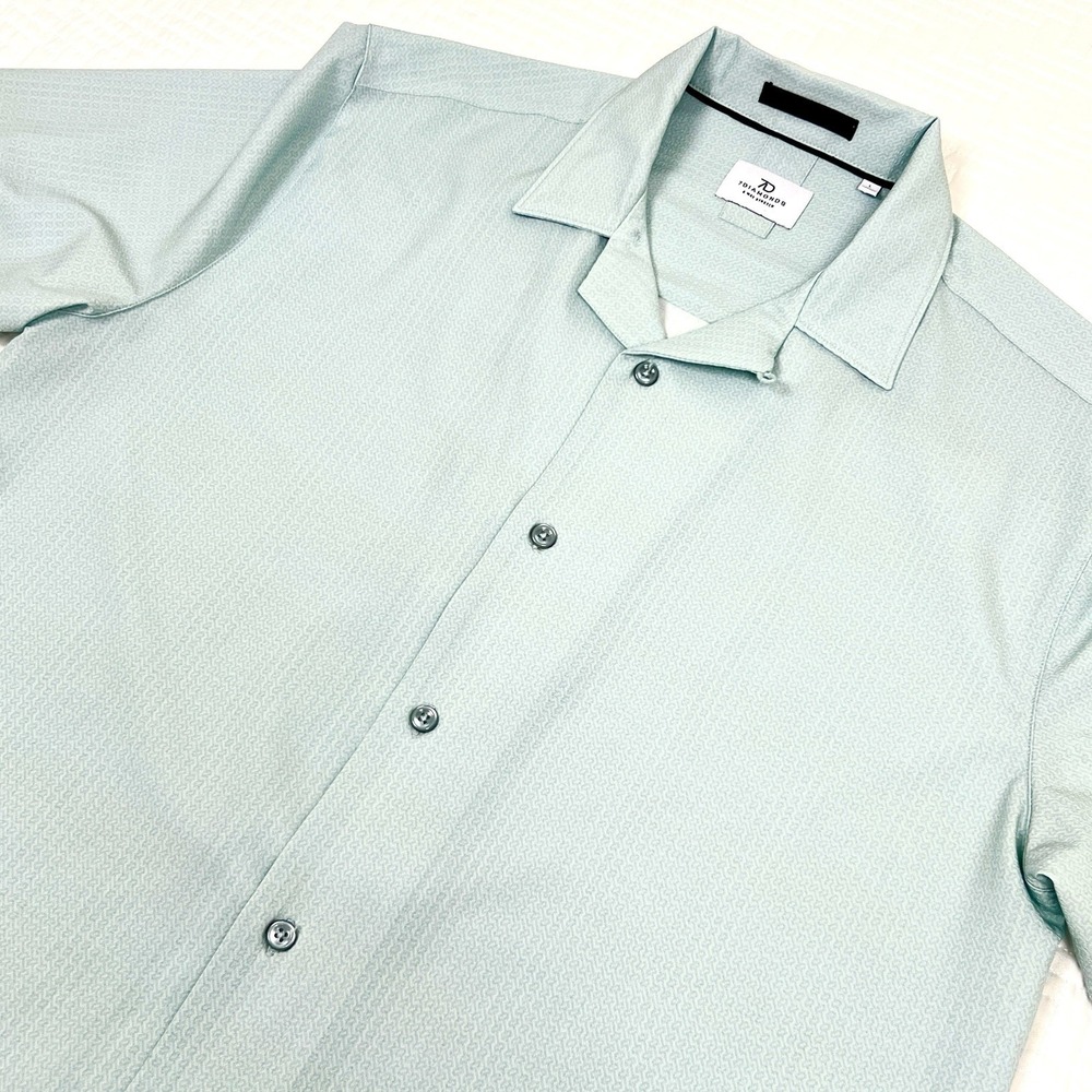 7 DIAMONDS 4 WAY STRETCH PAULO CAMP SHIRT Men L Seafoam Green Geometric Texture
